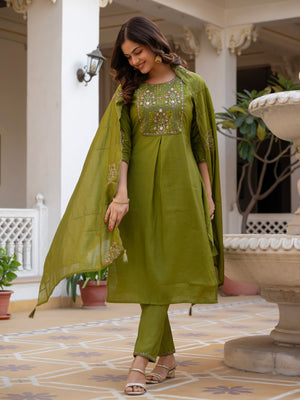 Hanch Pure Viscose Mango Silk Embroidered Straight Kurti Set – Mhendi Green