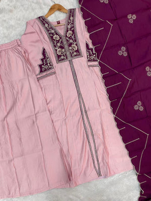 Hanch Roman Silk Embroidered Anarkali Kurti Set – Baby Pink