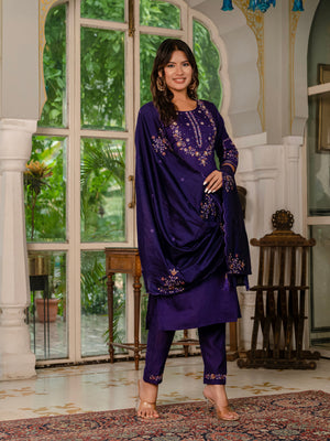 Hanch Marina Silk Embroidered Straight Kurti Set – Violet