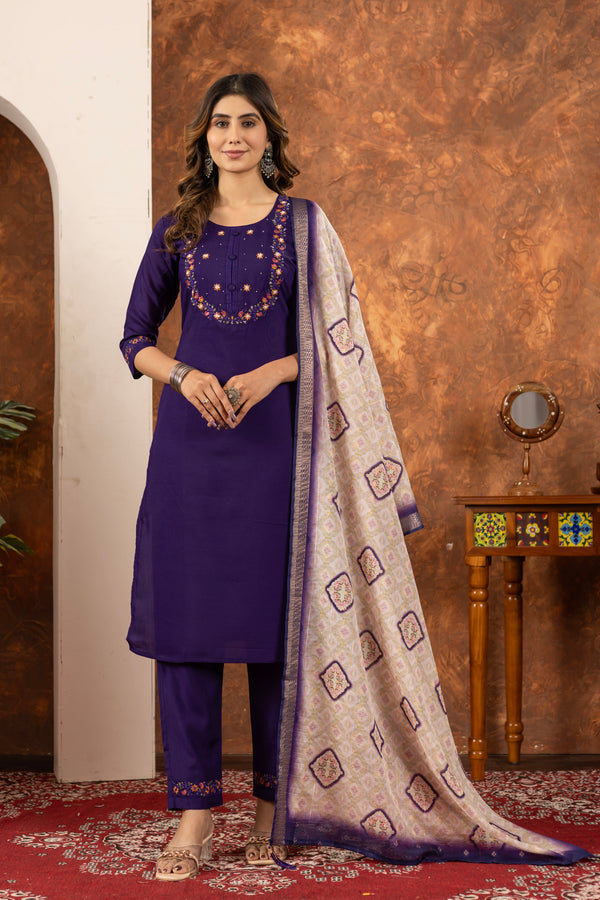 Hanch Marina Silk Embroidered Straight Kurti Set – Purple