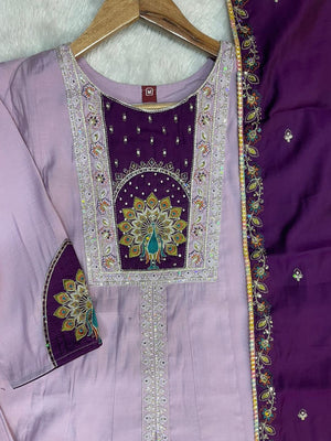 Hanch Roman Silk Embroidered Anarkali Kurti Set – Light Lovender