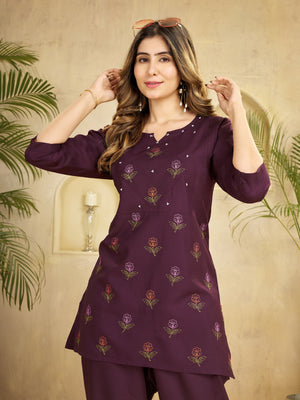 Hanch Heavy Rayon Embroidered Co-Ords Set – Wine