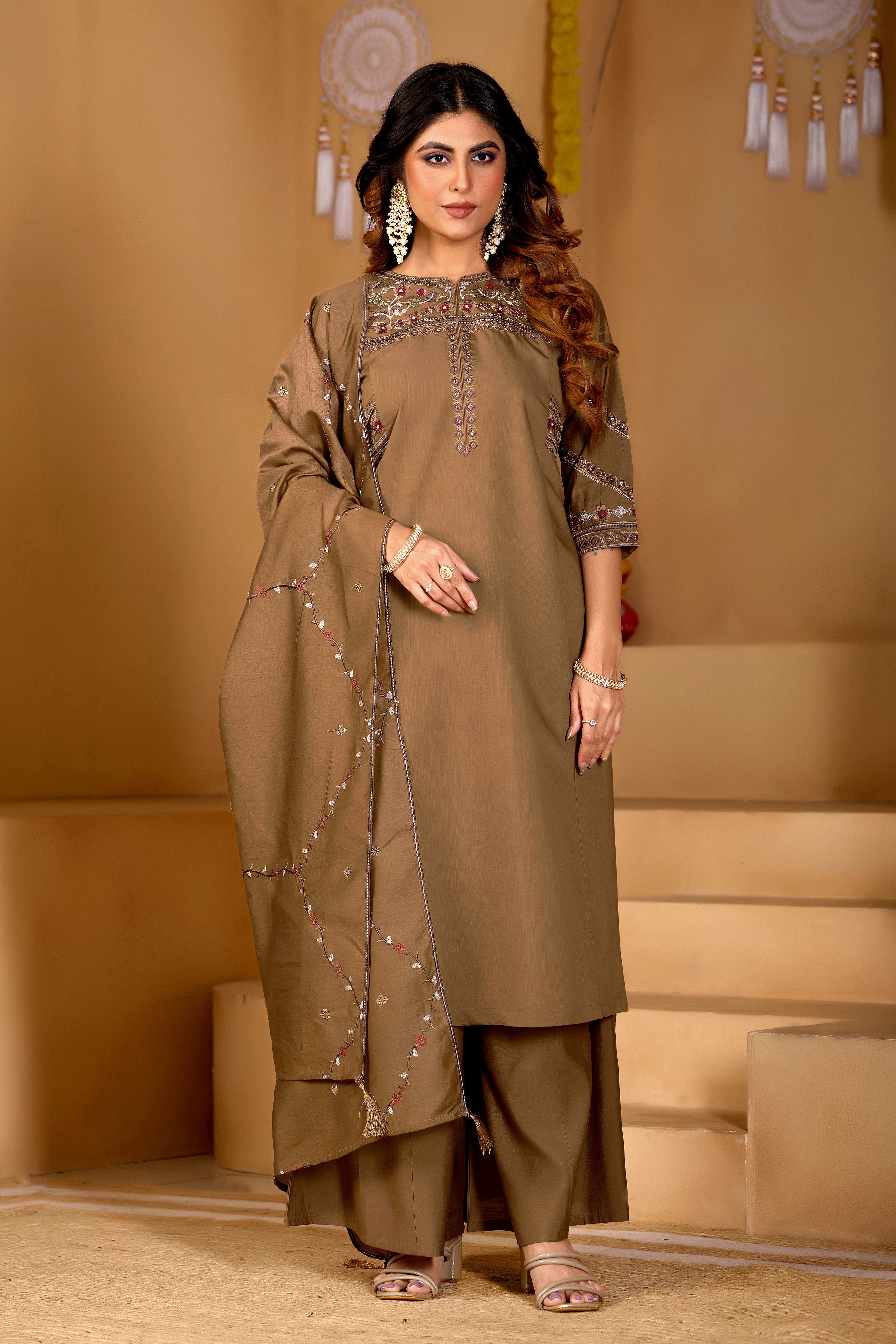 Hanch Viscose Mango Silk Embroidered Anarkali Kurti Set – Coffee
