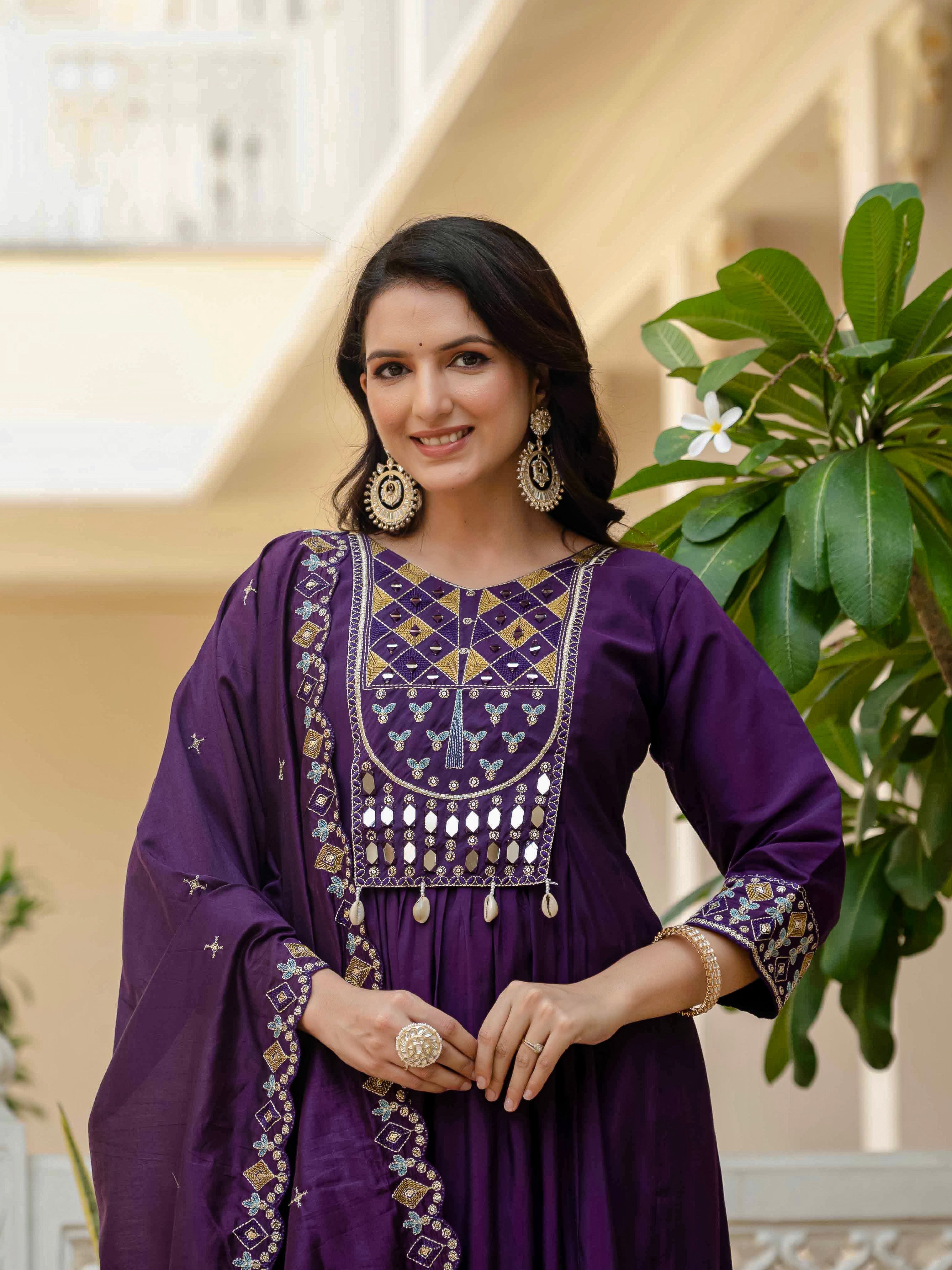 Hanch Viscose Roman Silk Embroidered Anarkali Kurti Set – Purple