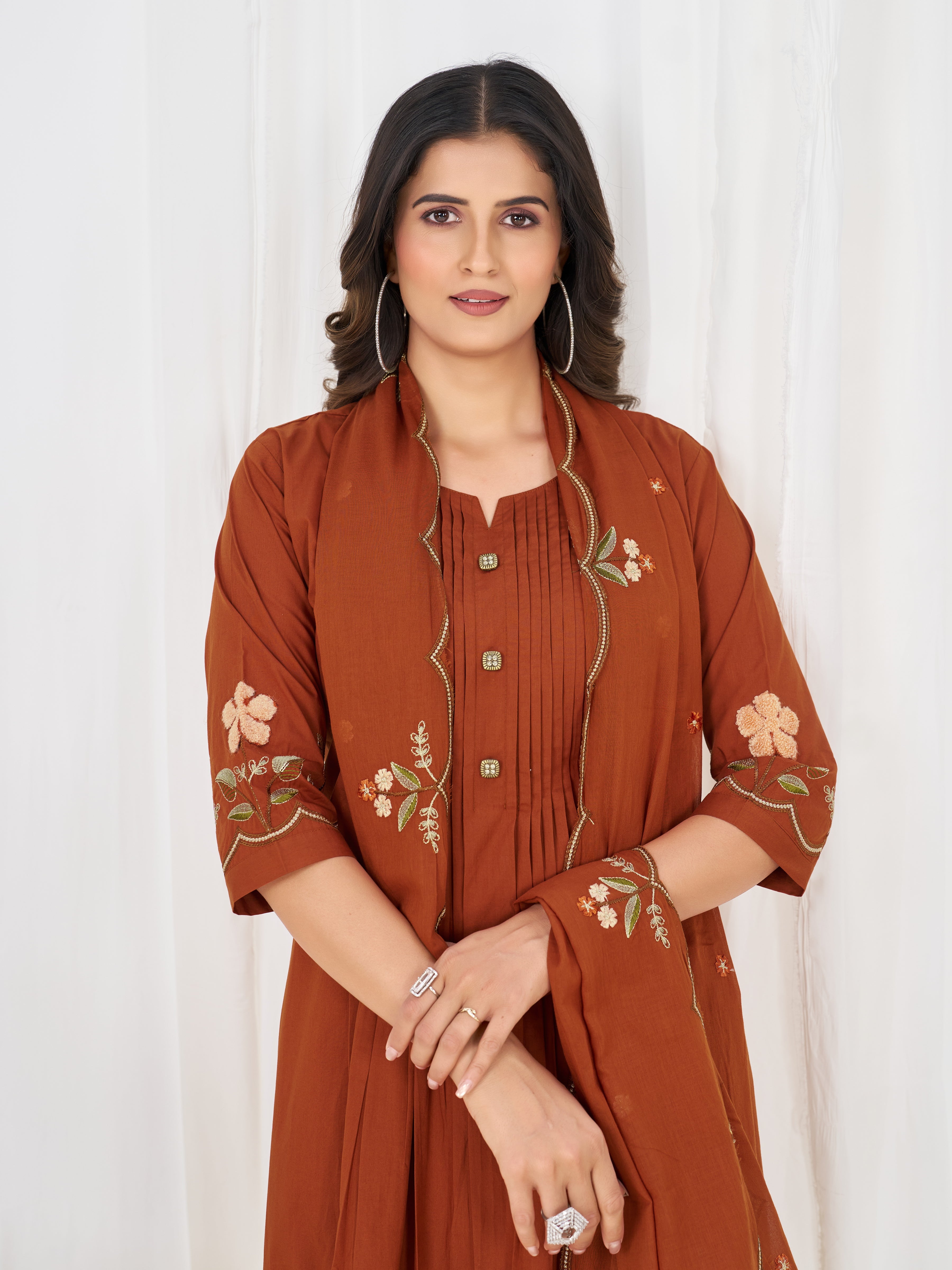 Hanch Pure Cotton Embroidered Anarkali Kurti Set – Rust