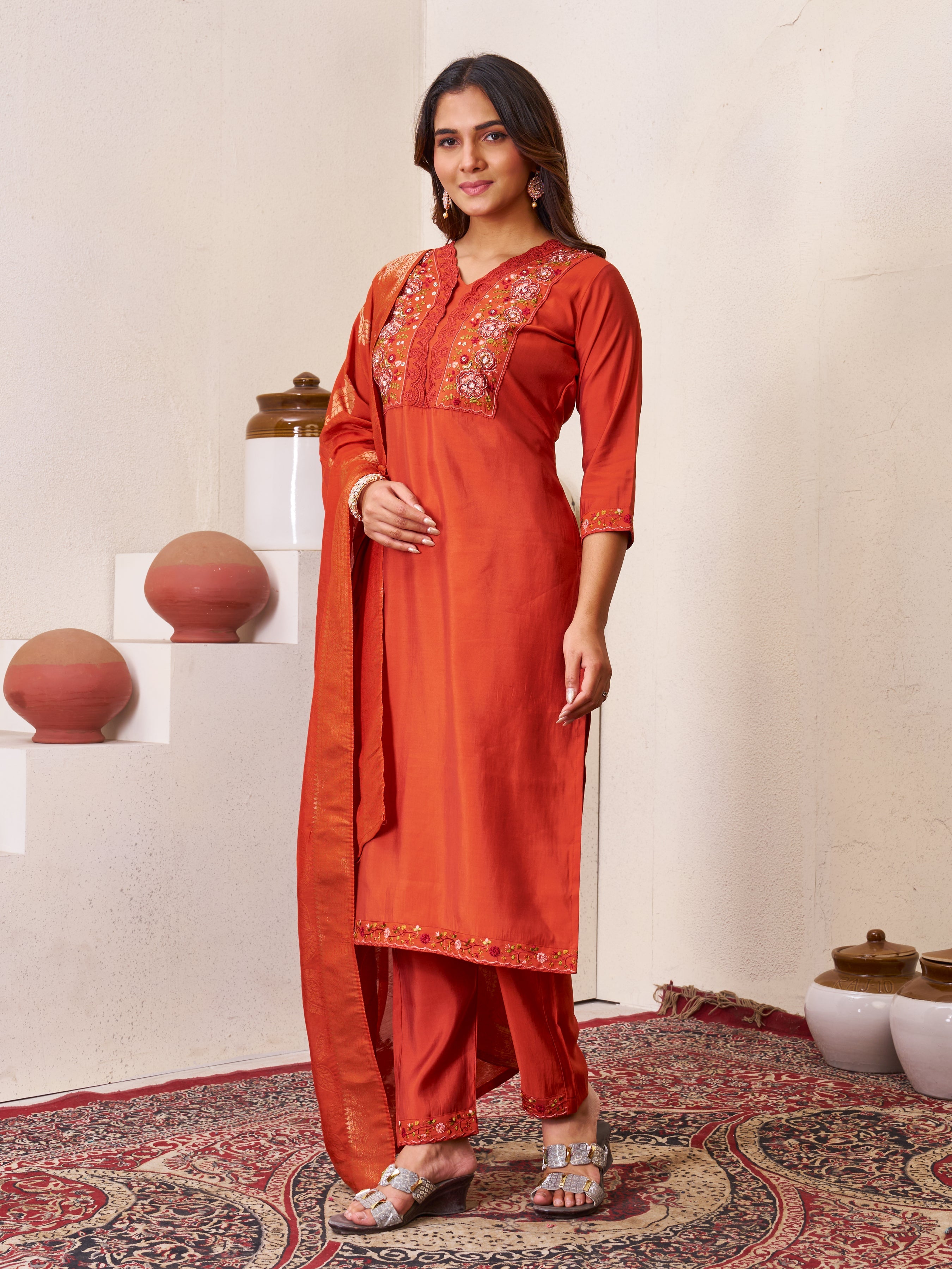 Hanch Roman Silk Embroidered Straight Kurti Set – Rust