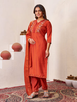 Hanch Roman Silk Embroidered Straight Kurti Set – Rust