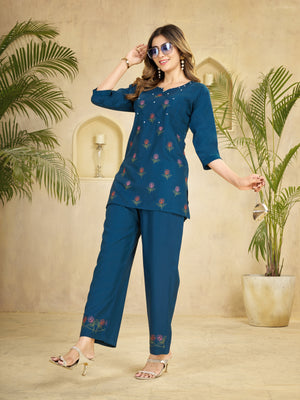 Hanch Heavy Rayon Embroidered Co-Ords Set – Blue