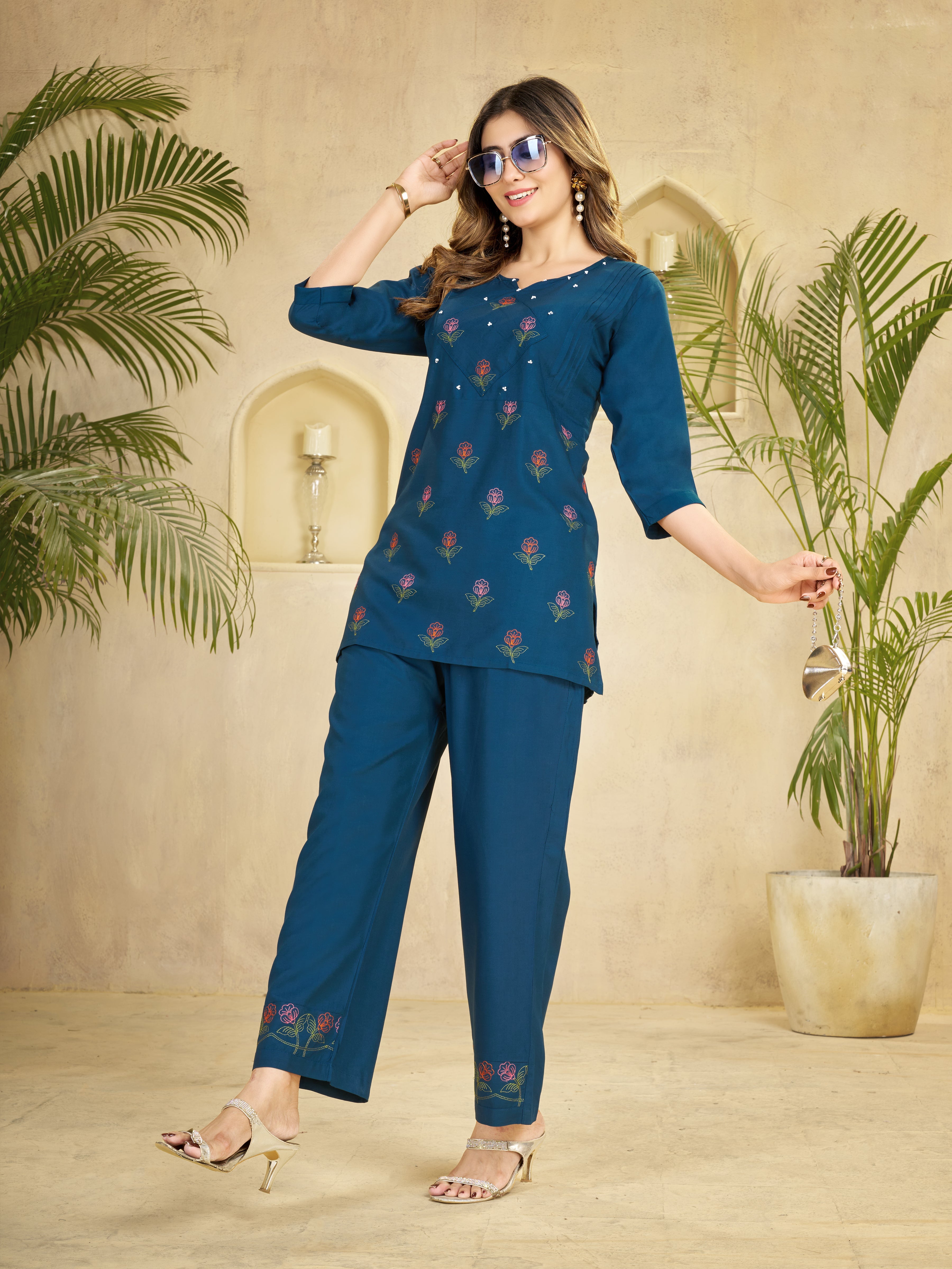 Hanch Heavy Rayon Embroidered Co-Ords Set – Blue