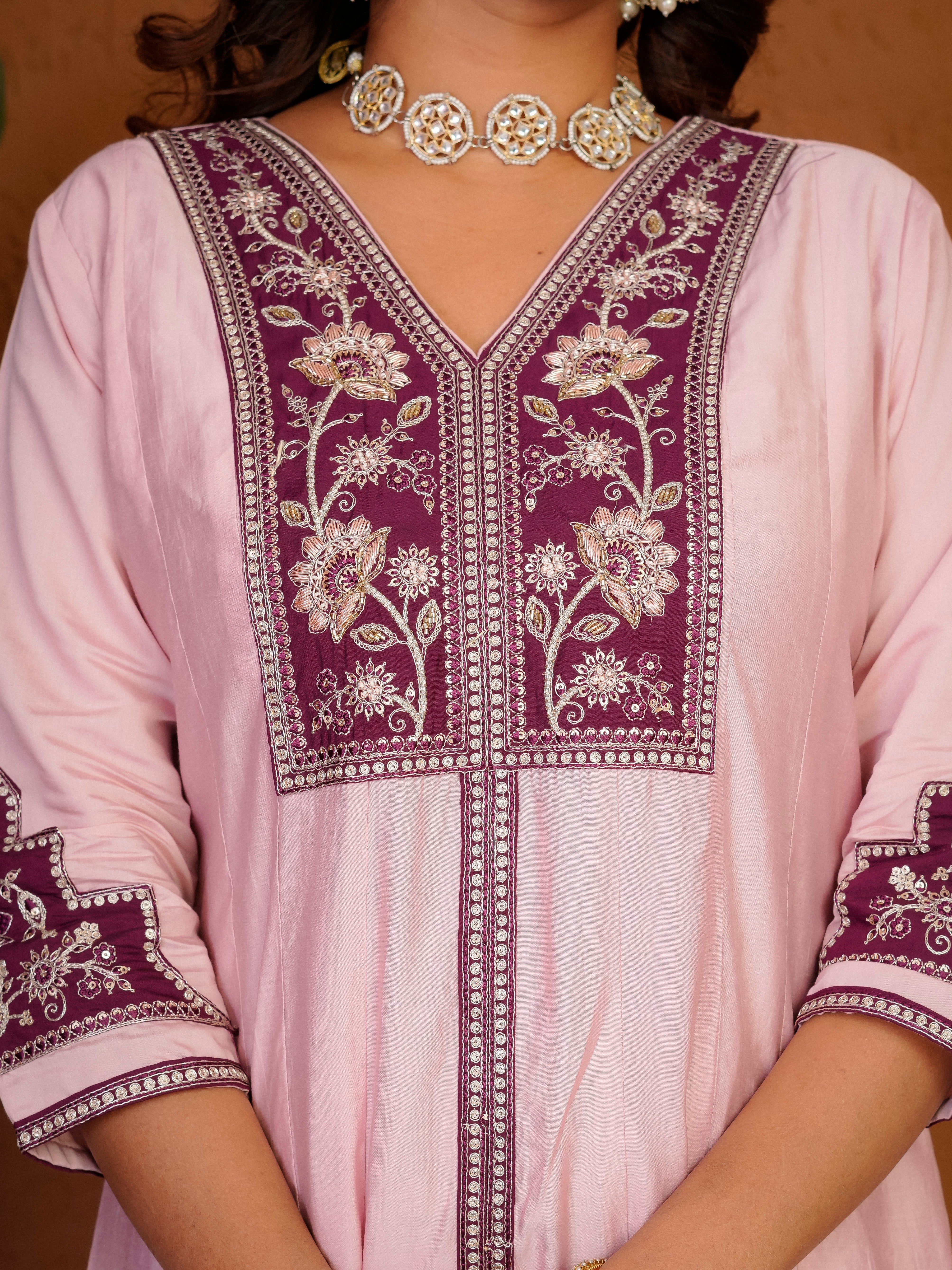 Hanch Roman Silk Embroidered Anarkali Kurti Set – Baby Pink