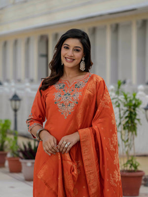 Hanch Premium Roman Silk Embroidered Straight Kurti Set – Orange