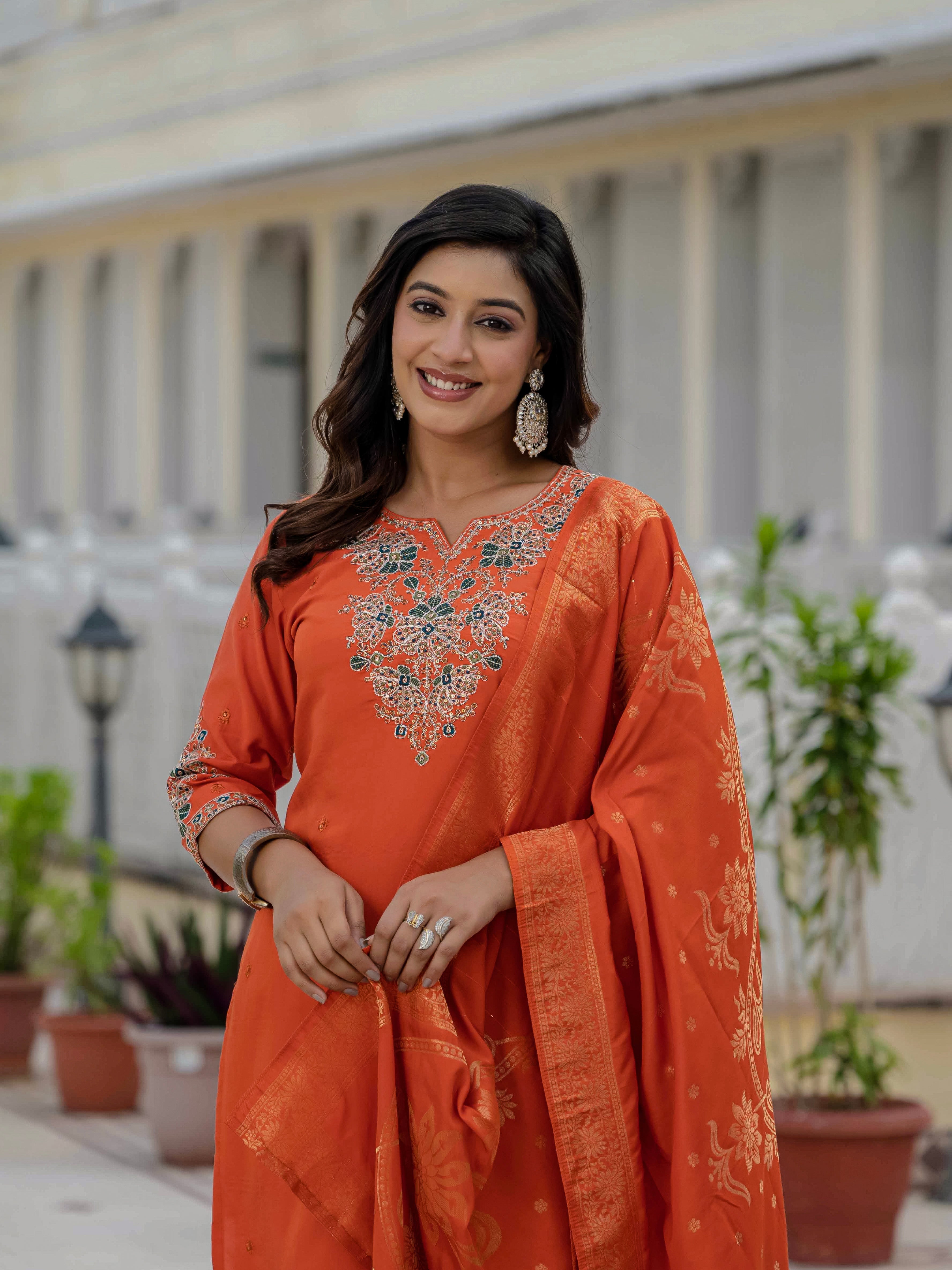 Hanch Premium Roman Silk Embroidered Straight Kurti Set – Orange
