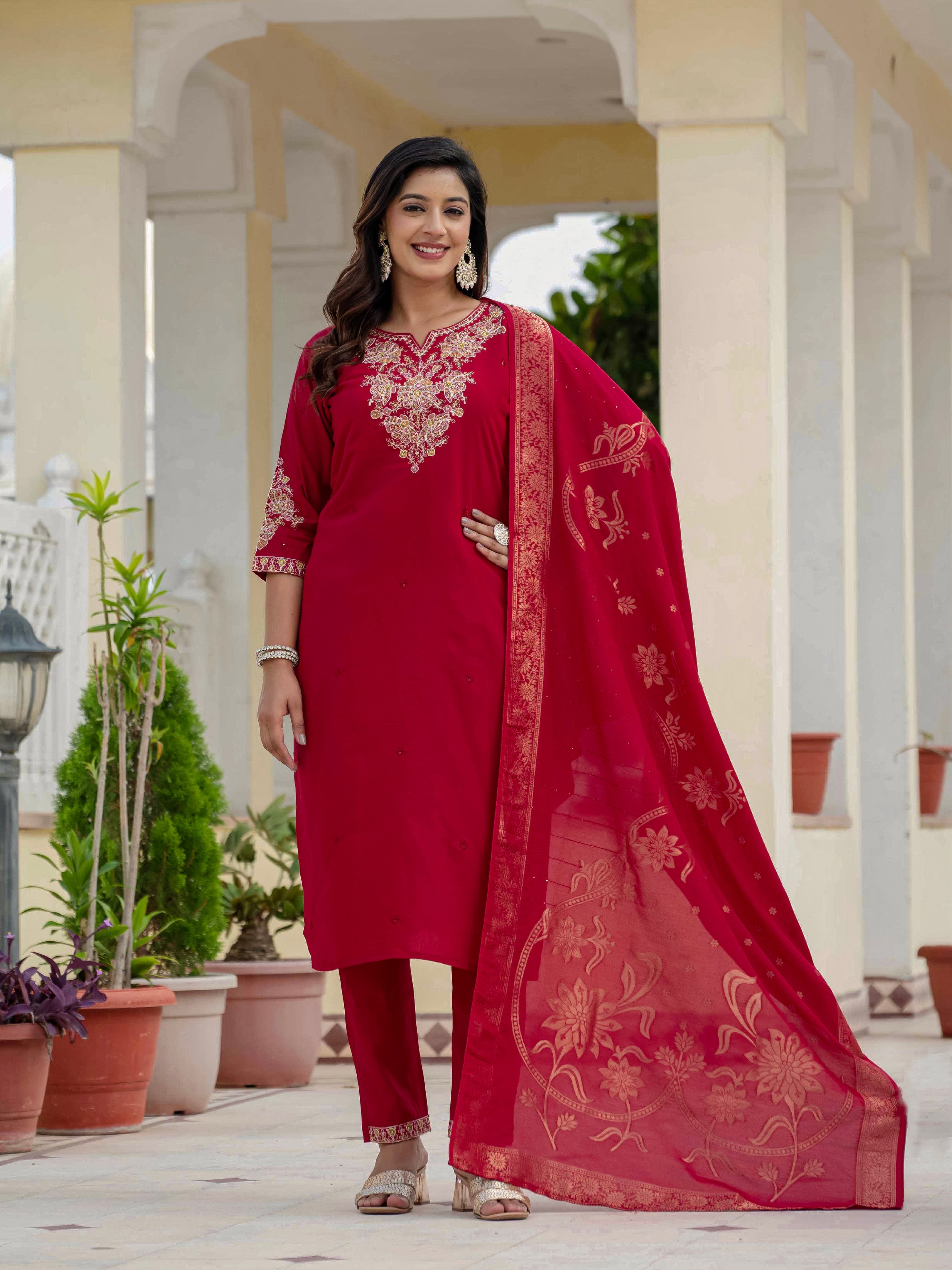 Hanch Premium Roman Silk Embroidered Straight Kurti Set – Maroon