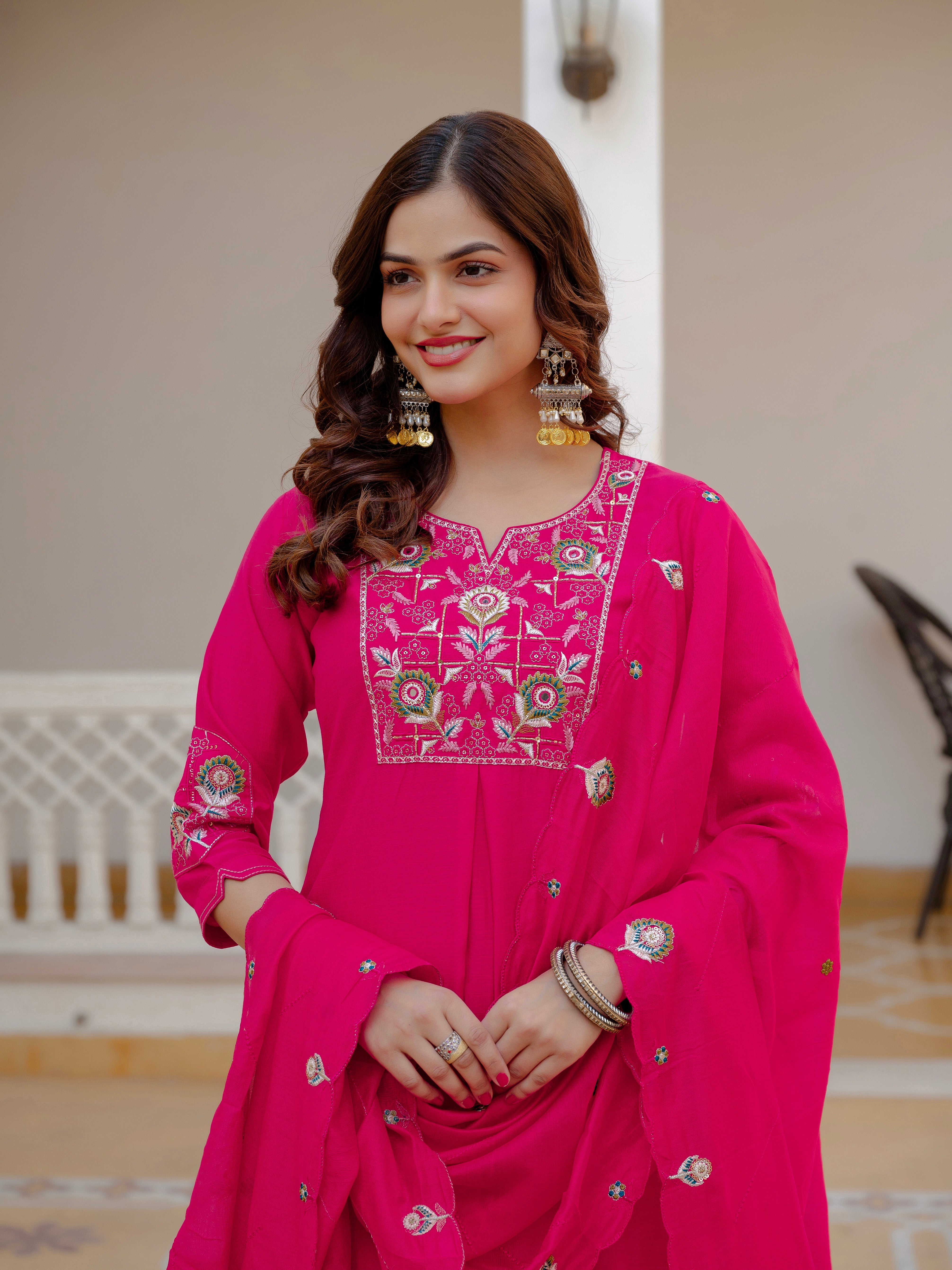 Hanch Pure Viscose Mango Silk Embroidered Straight Kurti Set – Pink