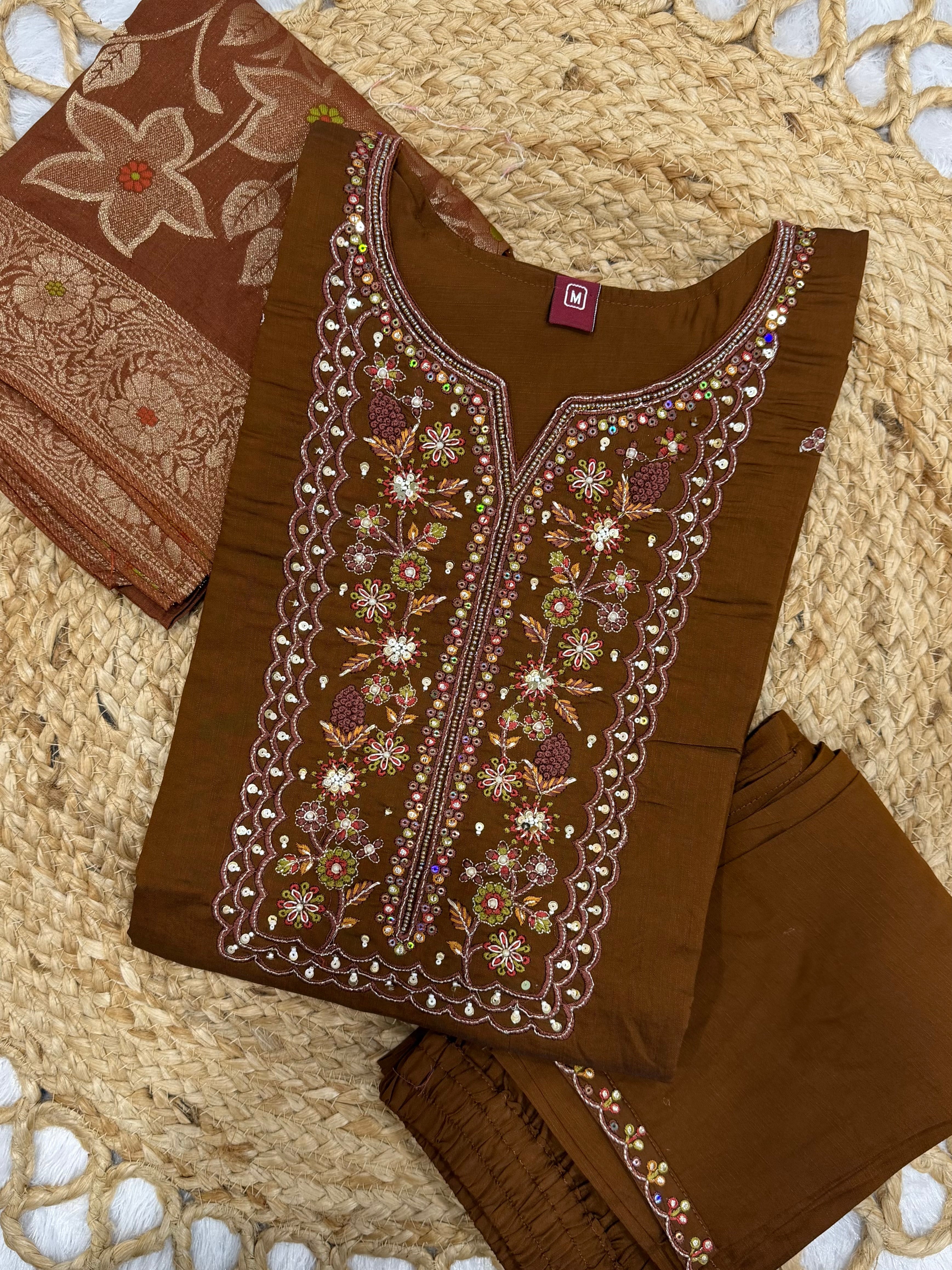 Hanch Pure Viscose Mango Silk Embroidered Straight Kurti Set – Coffee