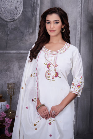 Hanch Roman Silk Embroidered Straight Kurti Set – White