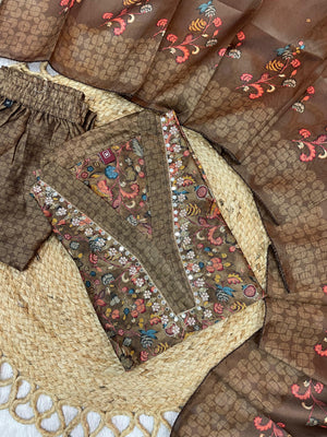 Hanch Zarna Silk Embroidered Straight Kurti Set – Coffee Brown