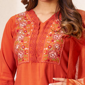 Hanch Roman Silk Embroidered Straight Kurti Set – Rust