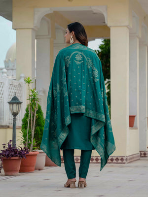 Hanch Premium Roman Silk Embroidered Straight Kurti Set – Rama Green