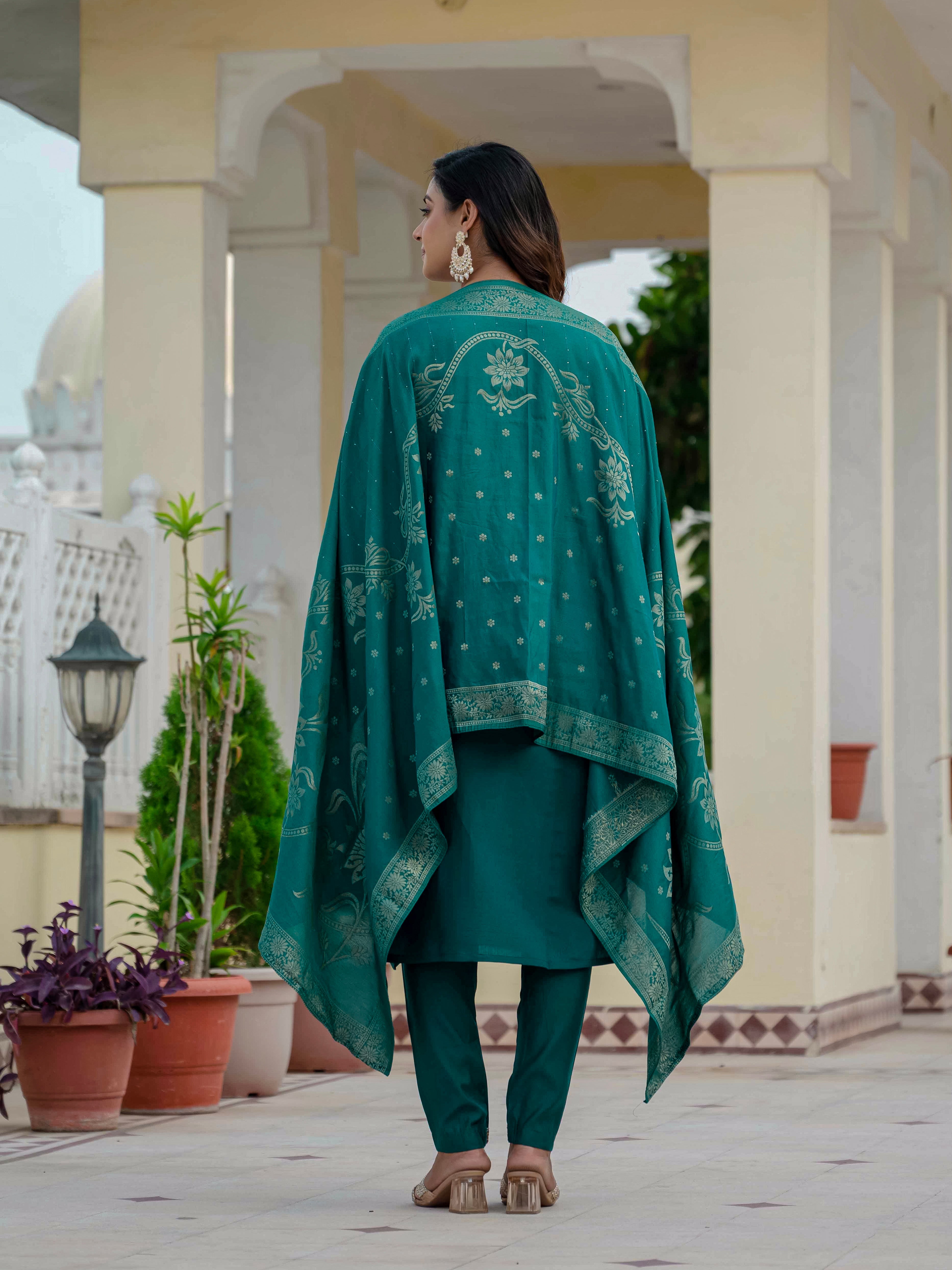 Hanch Premium Roman Silk Embroidered Straight Kurti Set – Rama Green