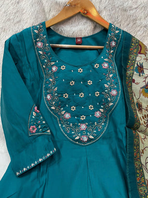 Hanch Premium Marina Silk Embroidered Straight Kurti Set – Firozi
