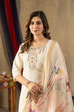 Hanch Shimmer Gold Silk Embroidered Straight Kurti Set – Off White