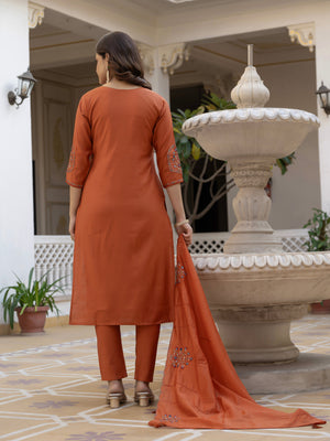 Hanch Pure Viscose Mango Silk Embroidered Straight Kurti Set – Rust