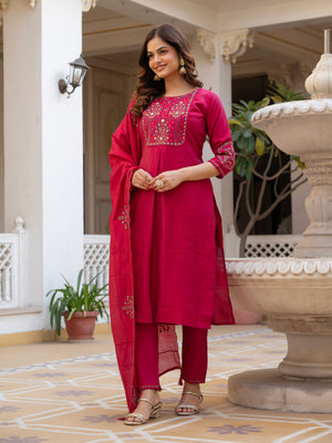 Hanch Pure Viscose Mango Silk Embroidered Straight Kurti Set – Pink