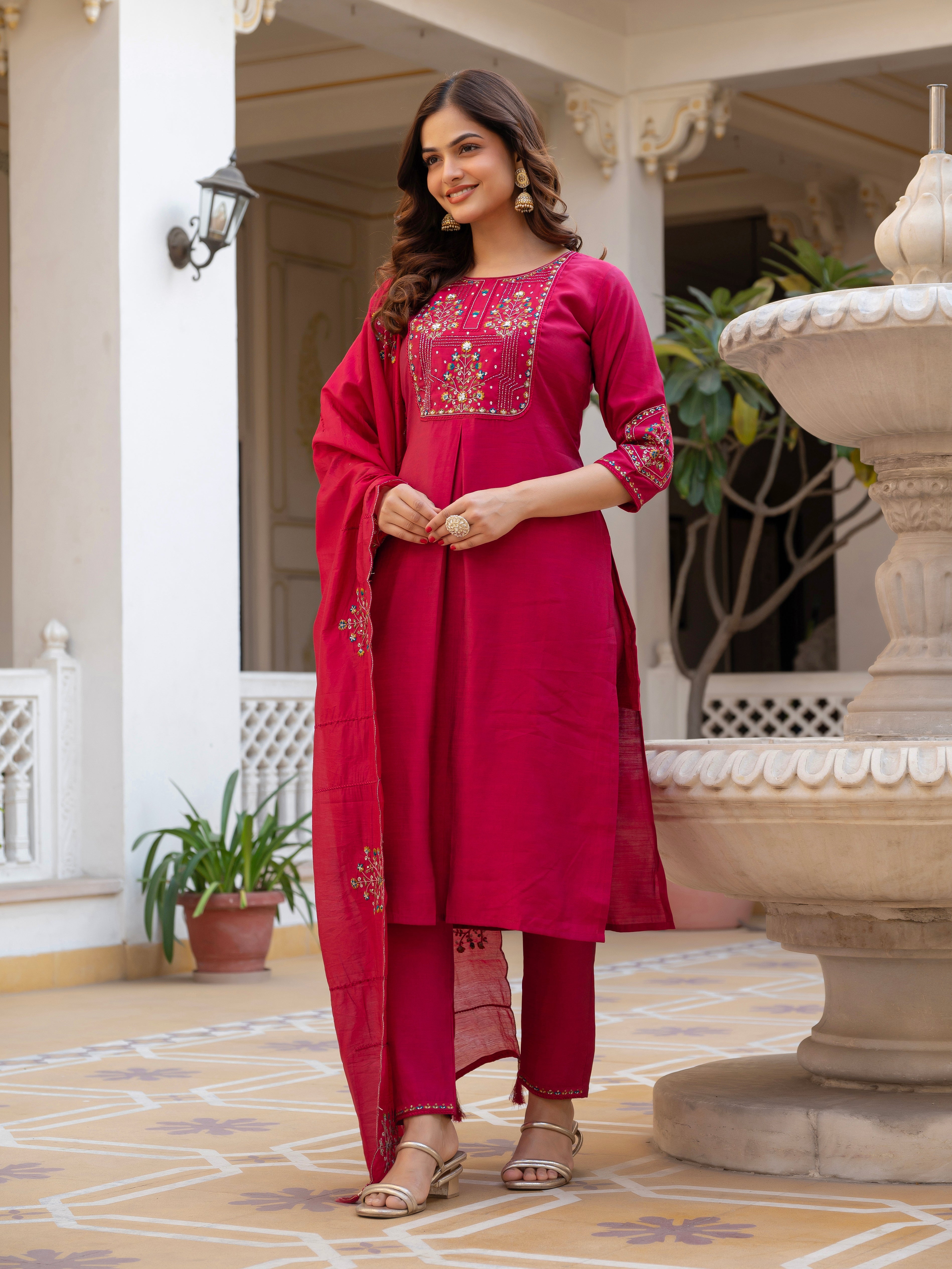 Hanch Pure Viscose Mango Silk Embroidered Straight Kurti Set – Pink