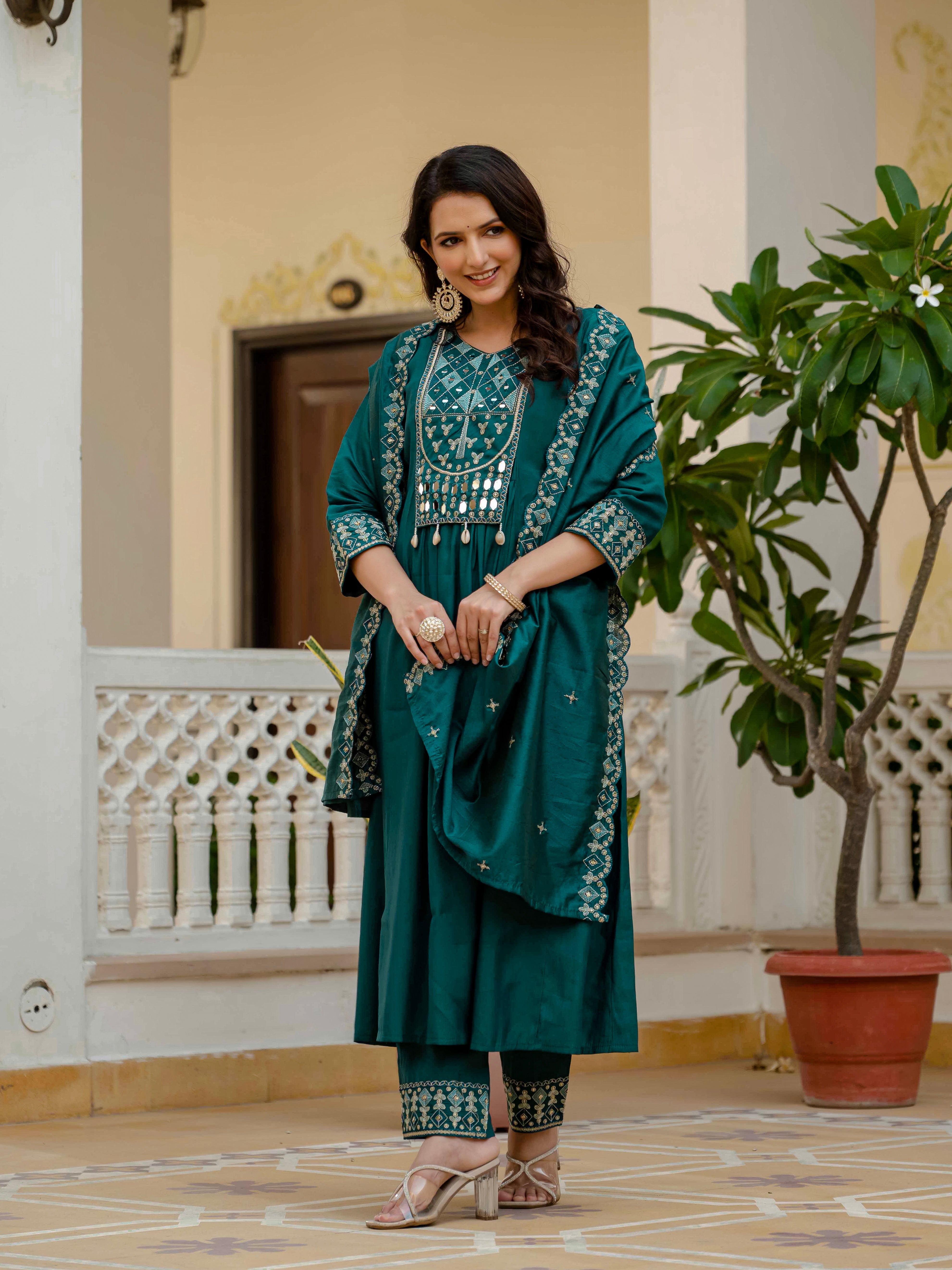 Hanch Viscose Roman Silk Embroidered Anarkali Kurti Set – Teal