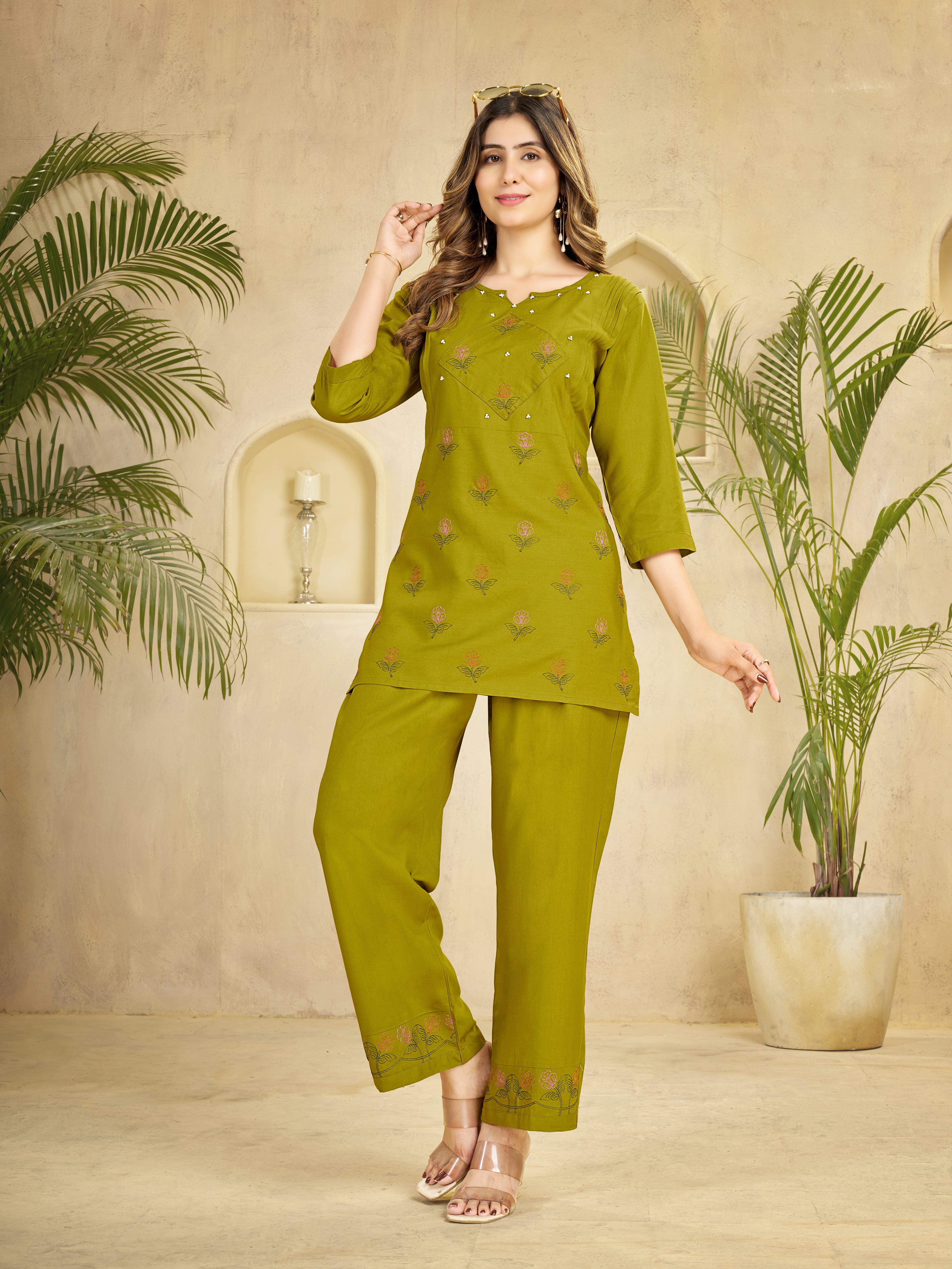 Hanch Heavy Rayon Embroidered Co-Ords Set – Mehndi