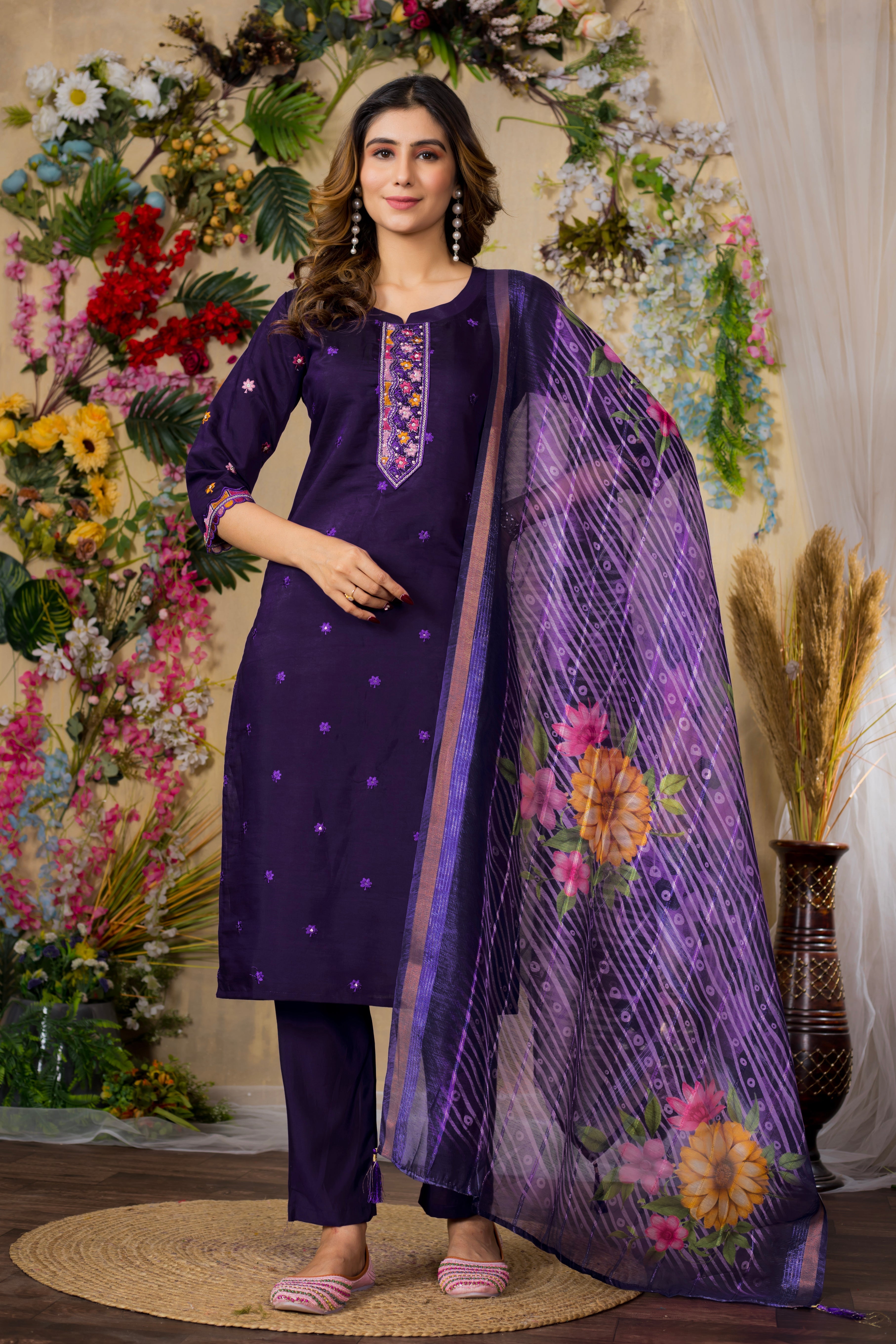 Hanch Roman Silk Embroidered Straight Kurti Set – Purple
