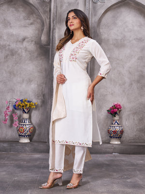 Hanch Roman Silk Embroidered Straight Kurti Set – White