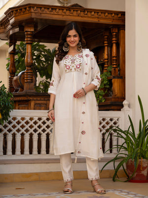 Hanch Pure Viscose Mango Silk Embroidered Straight Kurti Set – White