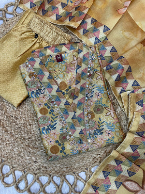 Hanch Zarna Silk Embroidered Straight Kurti Set – Mustard