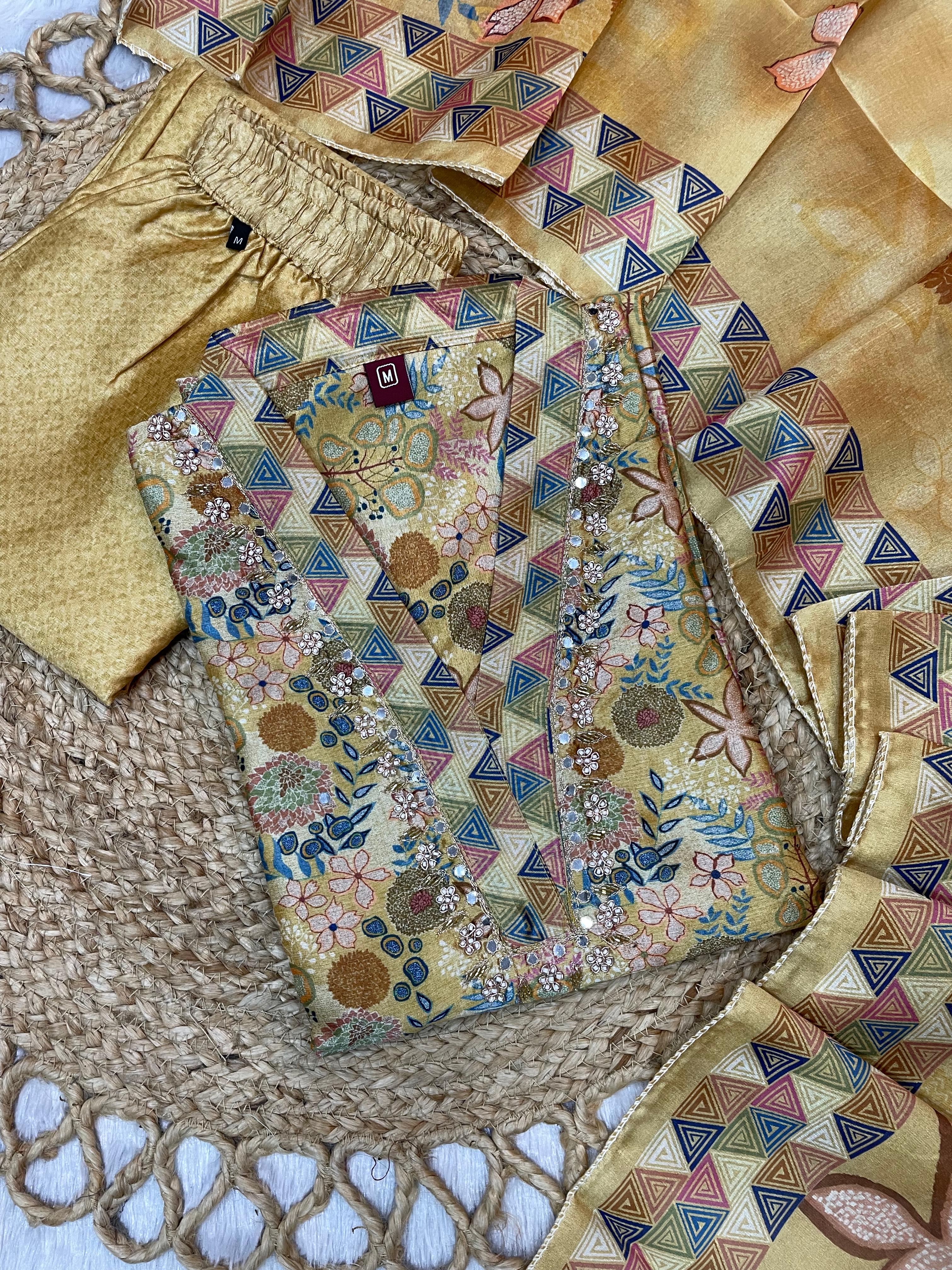 Hanch Zarna Silk Embroidered Straight Kurti Set – Mustard