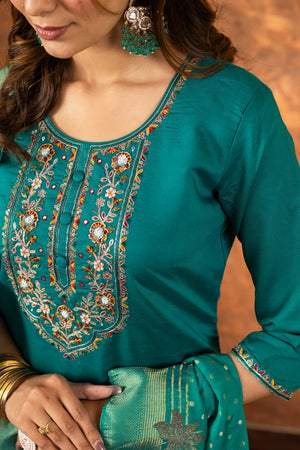 Hanch Marina Silk Embroidered Straight Kurti Set – Rama Green