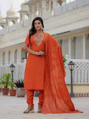 Hanch Premium Roman Silk Embroidered Straight Kurti Set – Orange