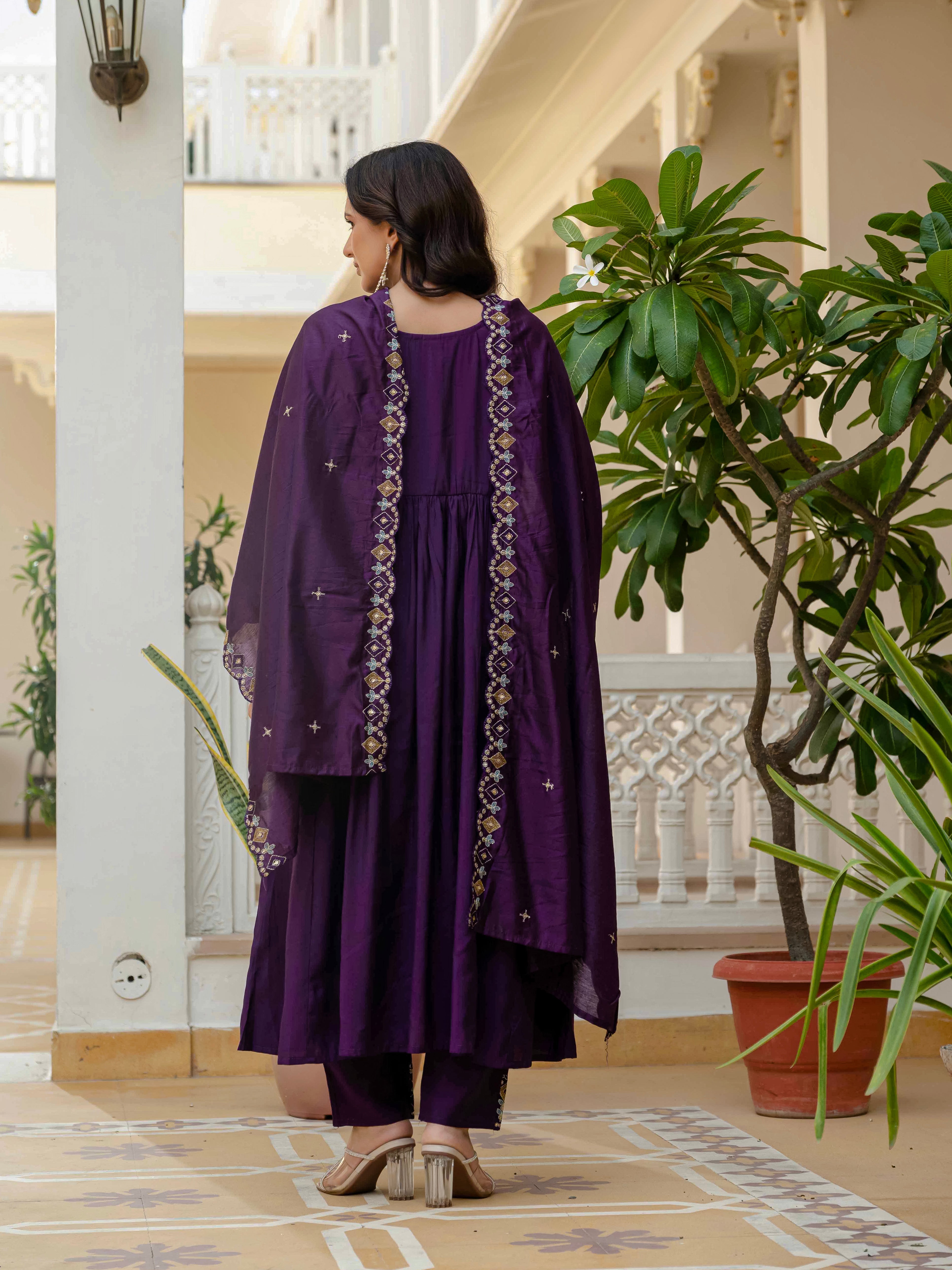 Hanch Viscose Roman Silk Embroidered Anarkali Kurti Set – Purple
