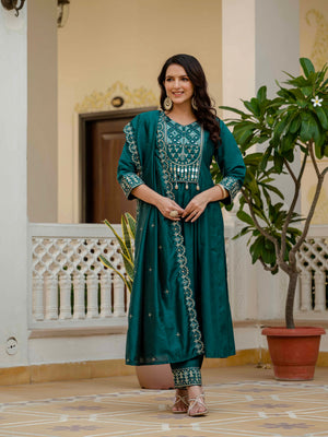 Hanch Viscose Roman Silk Embroidered Anarkali Kurti Set – Teal