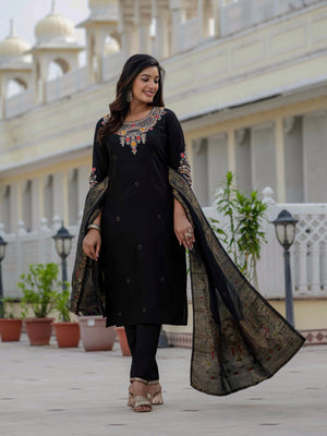 Hanch Premium Roman Silk Embroidered Straight Kurti Set – Black