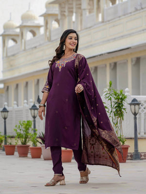 Hanch Premium Roman Silk Embroidered Straight Kurti Set – Wine