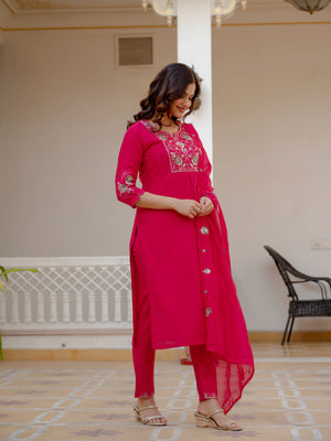 Hanch Pure Viscose Mango Silk Embroidered Straight Kurti Set – Pink