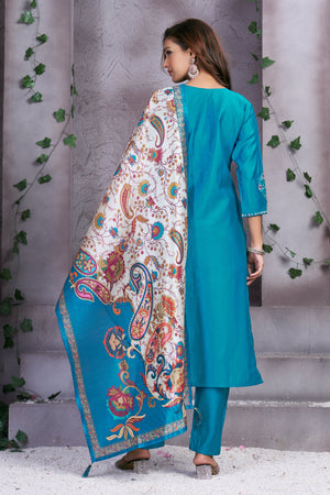 Hanch Premium Marina Silk Embroidered Straight Kurti Set – Firozi