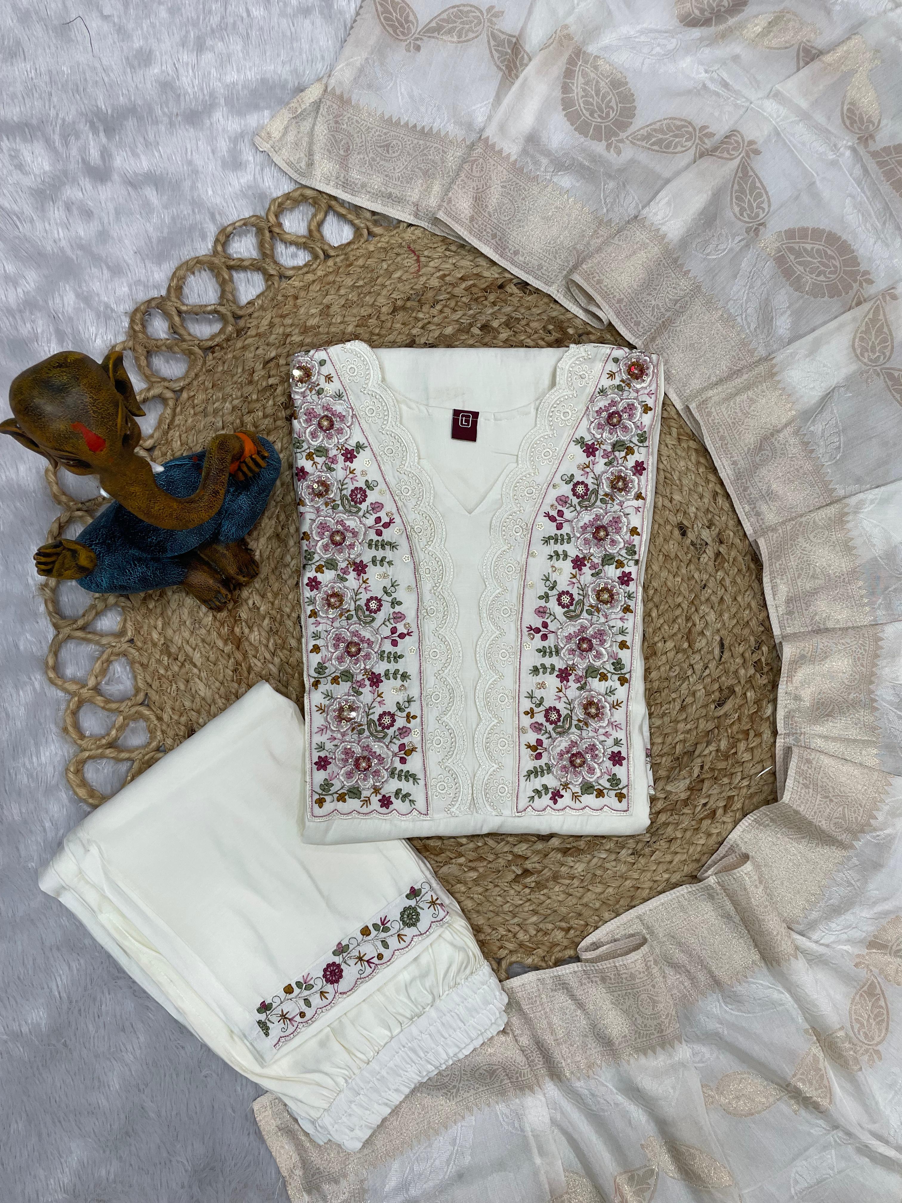 Hanch Roman Silk Embroidered Straight Kurti Set – White