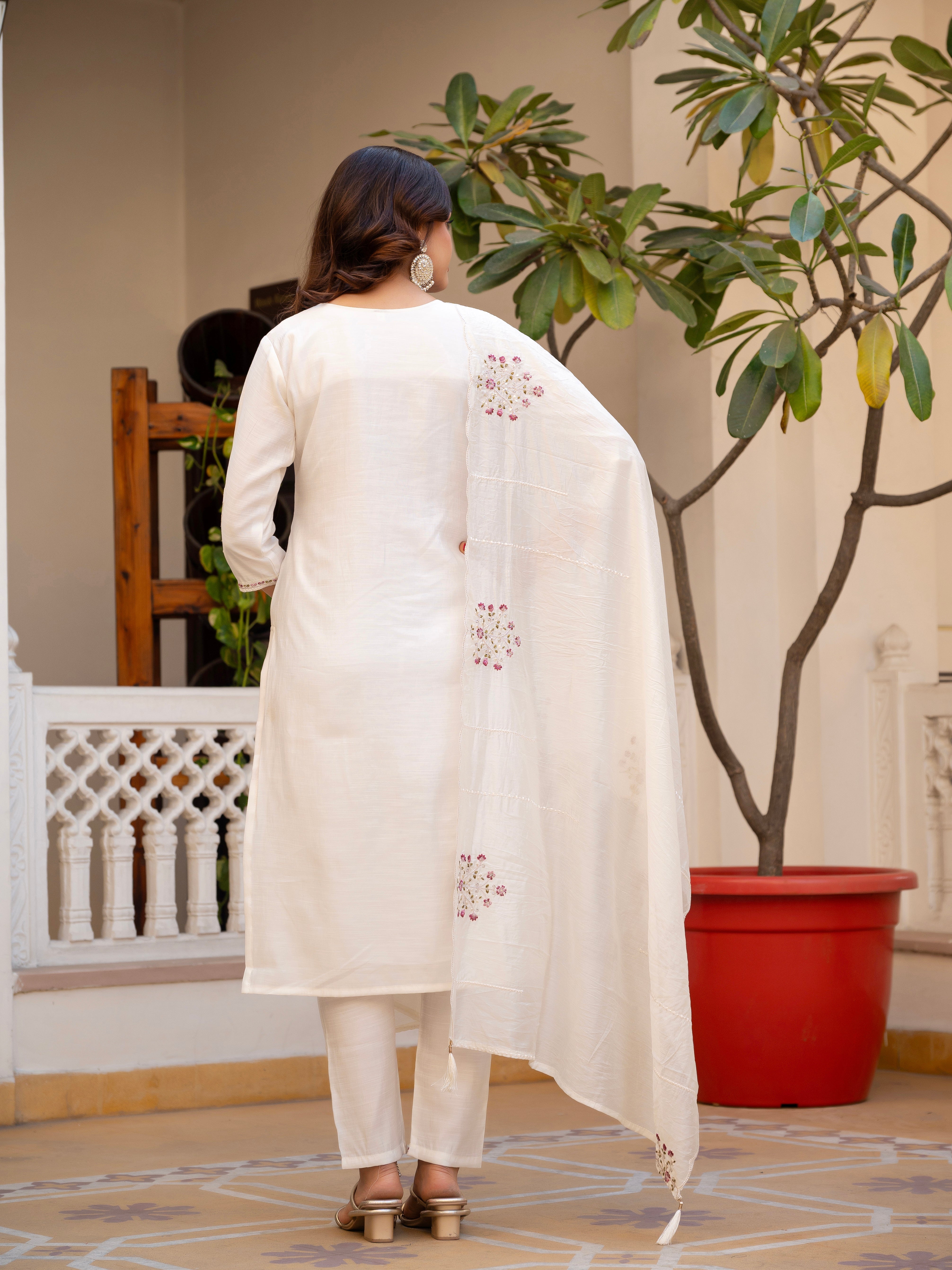 Hanch Pure Viscose Mango Silk Embroidered Straight Kurti Set – White