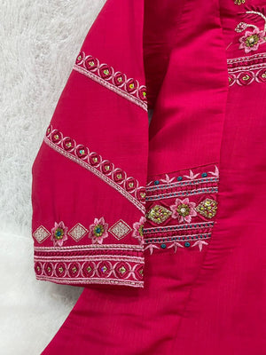 Hanch Viscose Mango Silk Embroidered Anarkali Kurti Set – Rani Pink
