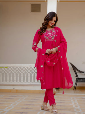 Hanch Pure Viscose Mango Silk Embroidered Straight Kurti Set – Pink