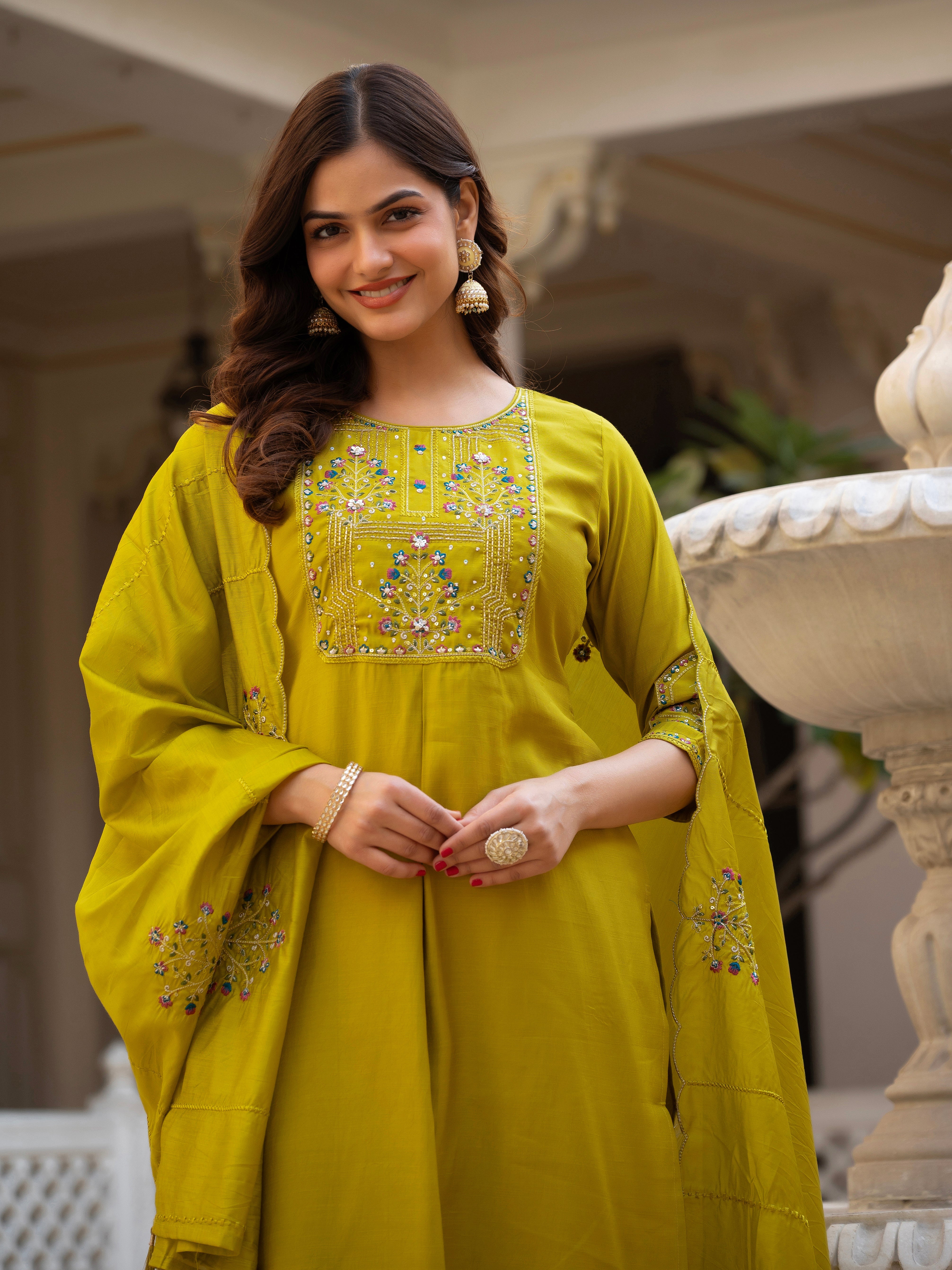 Hanch Pure Viscose Mango Silk Embroidered Straight Kurti Set – Yellow