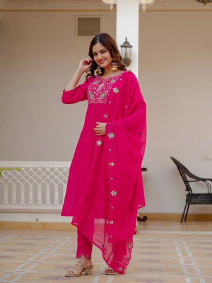 Hanch Pure Viscose Mango Silk Embroidered Straight Kurti Set – Pink